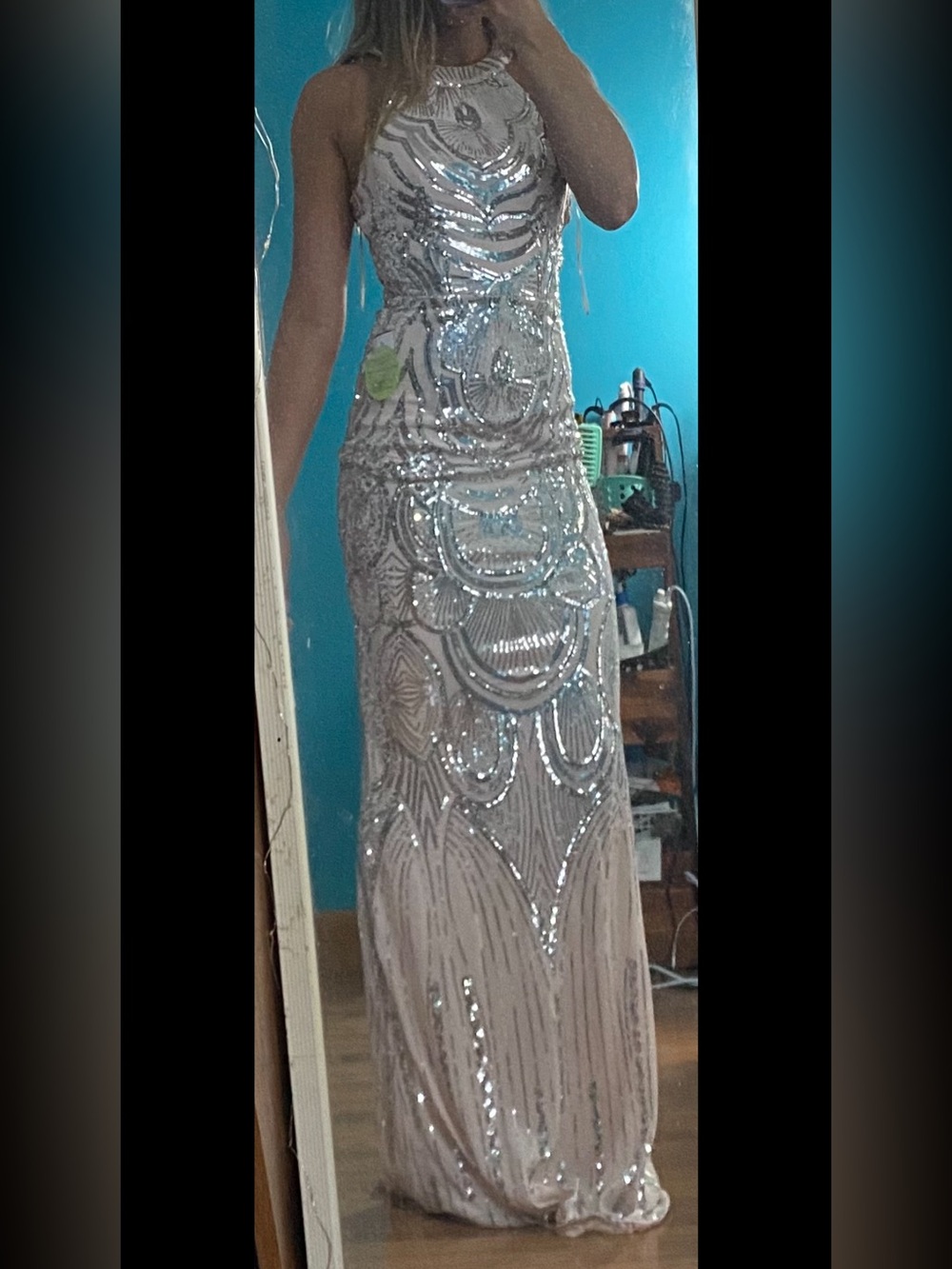 Windsor Silver Sequin Halter Prom Gown